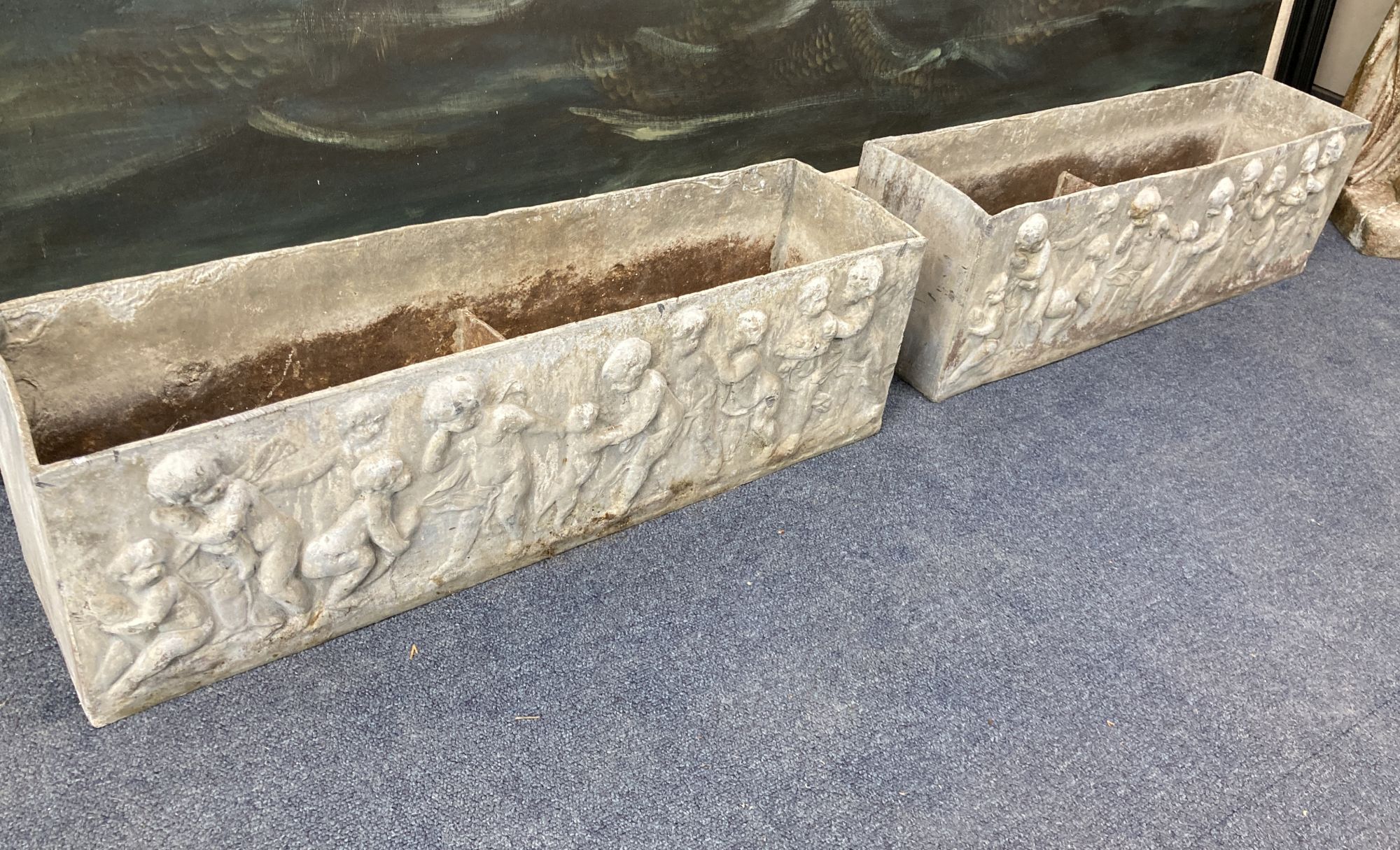 A pair of rectangular lead garden planters, width 68cm, depth 18cm, height 20cm